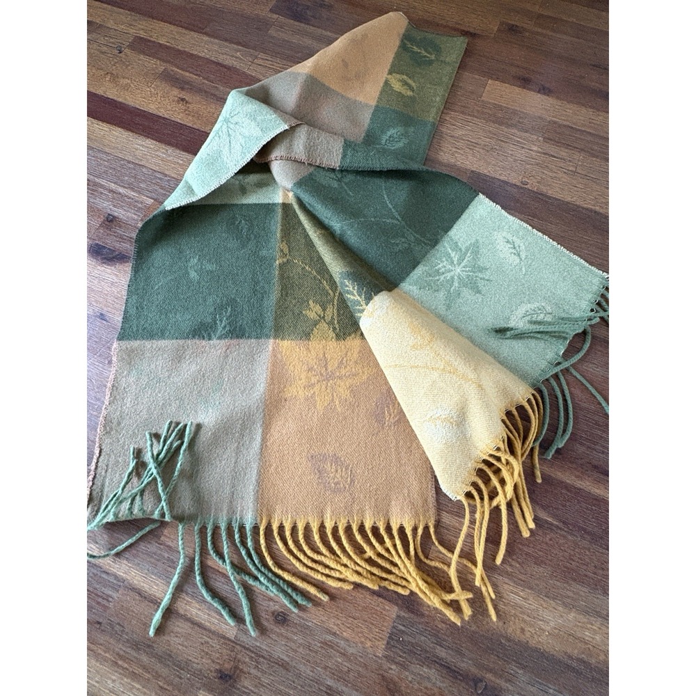 Scotland/Scottish Scarf 100% CASHMERE Green And Yellow Leaf Pattern - Picture 5 of 14